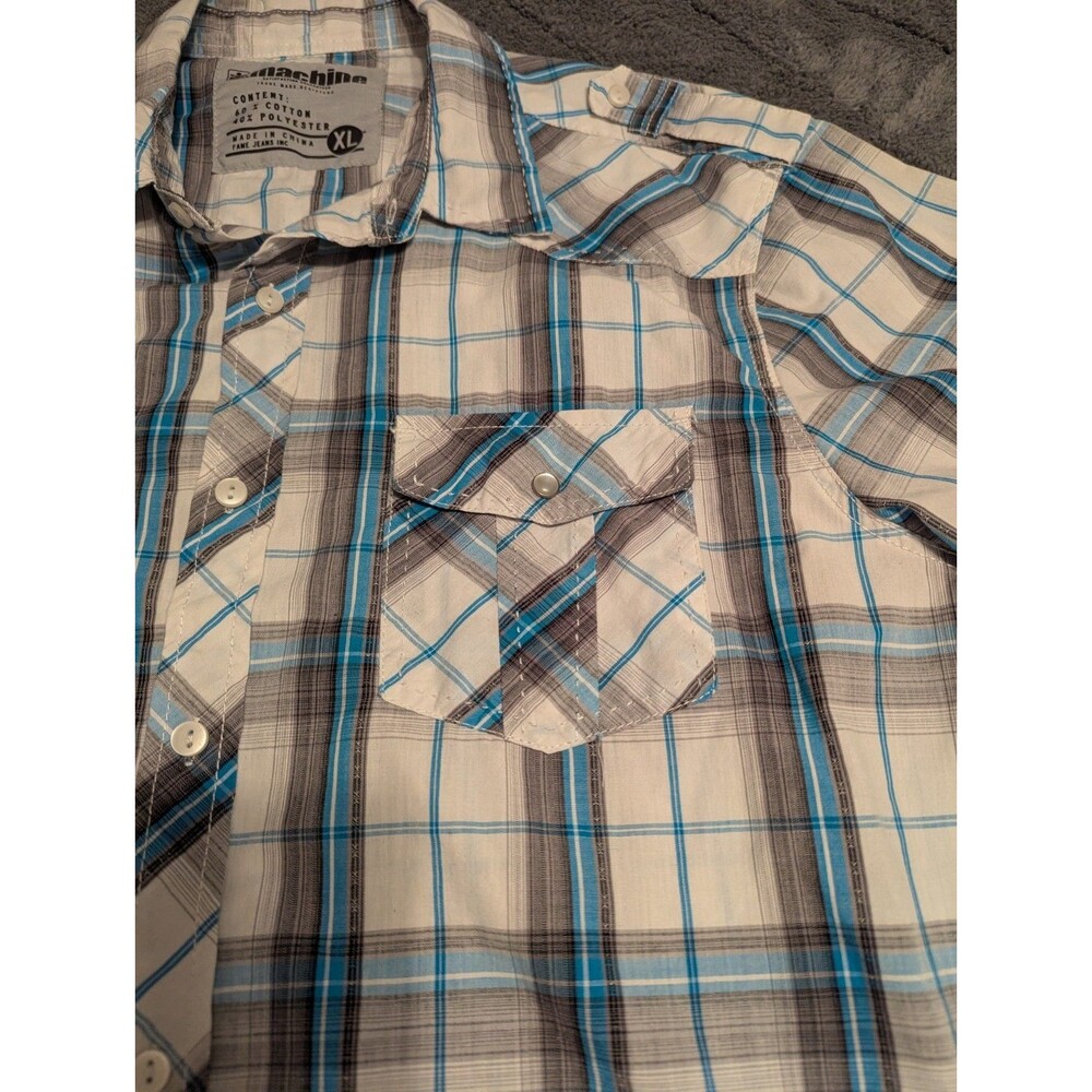 Vintage, Y2K, Machine Men's XL Short Sleeve Plaid Button-Up Shirt w/Pockets - Picture 5 of 7